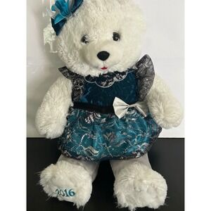 Stuffed Animal Christmas 2016 White Plush Snowflake Teddy Teal Silver Dress Bow